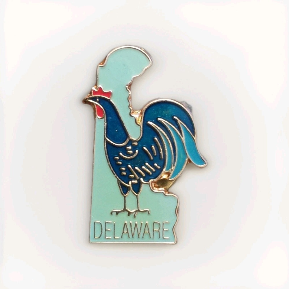Delaware State Map Rooster Travel Lapel Hat Pin Pinback Tie Tac Gold Tone Teal